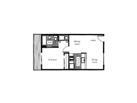 A floor plan of a house with a dining room, living room, and two bedrooms.